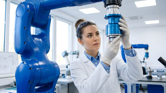 Female robotics engineer inspecting robotic arm component in modern lab