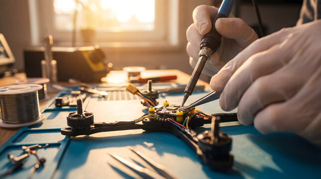 Technician soldering FPV racing drone flight controller in warm workshop light