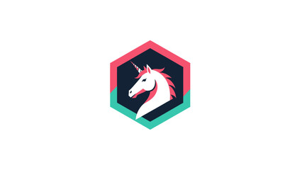 A white unicorn head with a pink mane and horn is inside a dark hexagon © Sendal