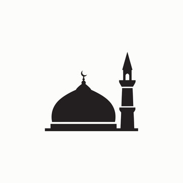 Minimal mosque silhouette with dome and minaret isolated on white background