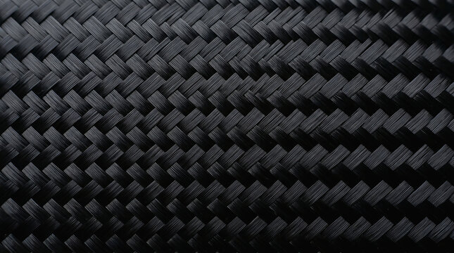 Close up view of black carbon fiber weave texture with diagonal pattern for industrial design and automotive applications.