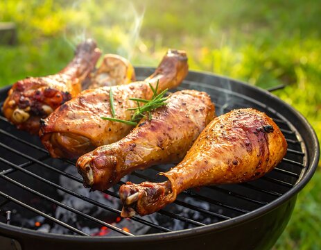 Juicy chicken drumsticks sizzling on outdoor grill