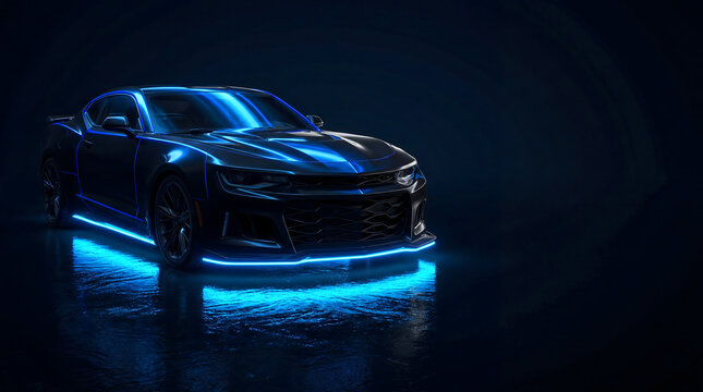 Black sports coupe with glowing blue neon underglow in dark studio