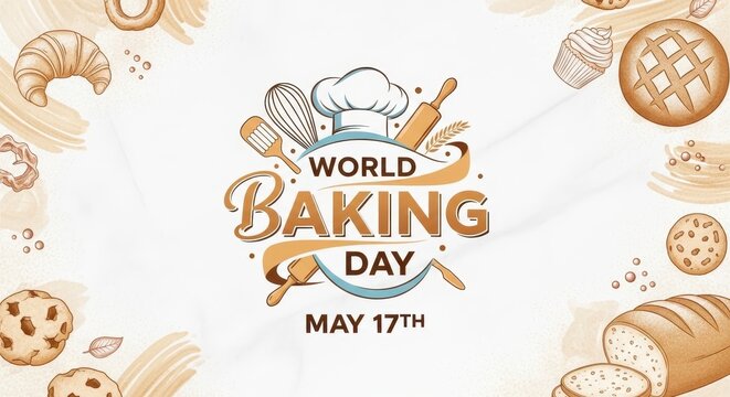world baking day celebration poster with kitchen tools and ingredients on may 17th
