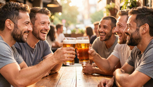 A group of men raising their glasses in a toast, having a good time together at a restaurant setting with wooden tables and outdoor lighting.