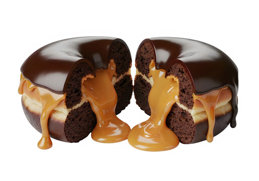 Chocolate donut with caramel filling cut in half showing gooey caramel center transparent background