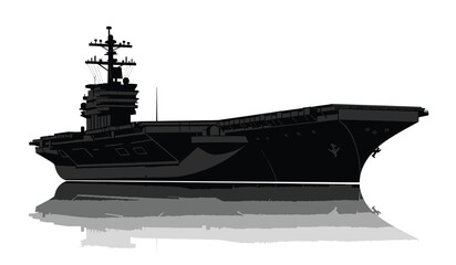 Detailed black silhouette of a modern aircraft carrier ship with a reflection on a white background silhouette high quality professional detailed elegant stylish clean © Thysl2000
