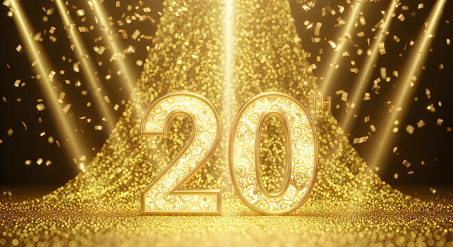 Golden 20th anniversary celebration background with sparkling confetti and bright stage lights