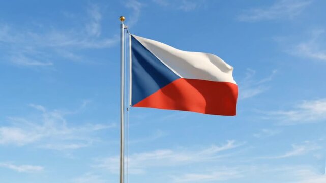 The Czech flag flies against a bright blue sky.