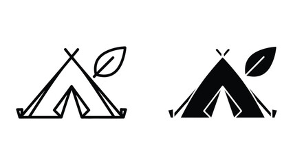 Black and white camping tent icons with leaf design © Jahidul