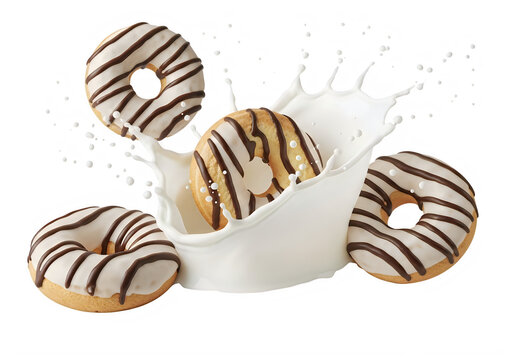 Donuts with chocolate stripes falling into splashing milk white background transparent background