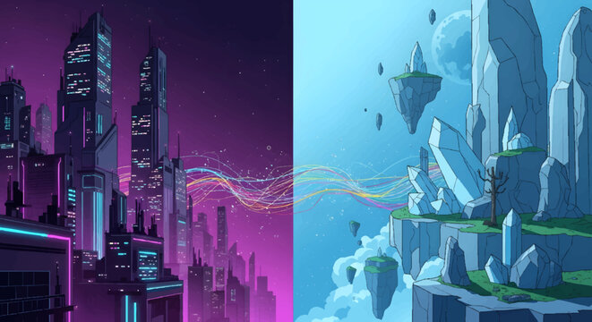 Futuristic cityscape and fantasy landscape split screen