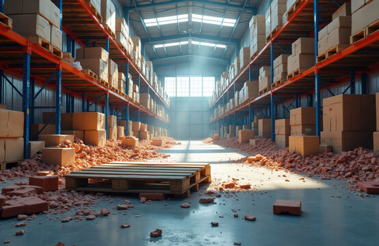 Damage in warehouse with broken pallet and boxes scattered on floor during daylight. Racks filled with goods await transport in vast storage interior. Supply chain issues, disaster, destruction.
