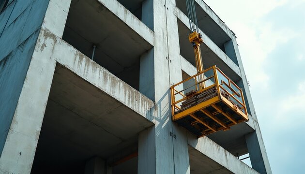 Industrial elevator cage with wood planks ascends unfinished concrete building exterior. Yellow machinery lifts materials on construction site. Steel rebar visible on structure. Blue sky with clouds