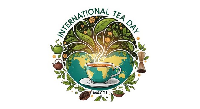 international tea day celebration wreath with globe and teacup illustration
