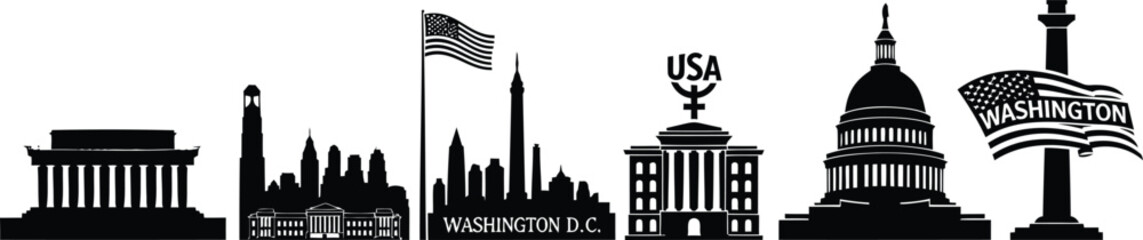 Obraz premium Washington dc landmarks and symbols vector illustration set: lincoln memorial, flag, capitol, monuments.