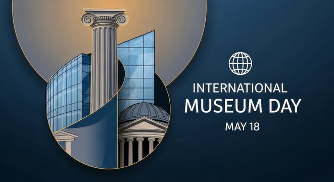 international museum day poster with modern skyscraper and classical column design may 18