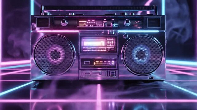 Retro Boombox With Neon Lights And Smoke Effect.