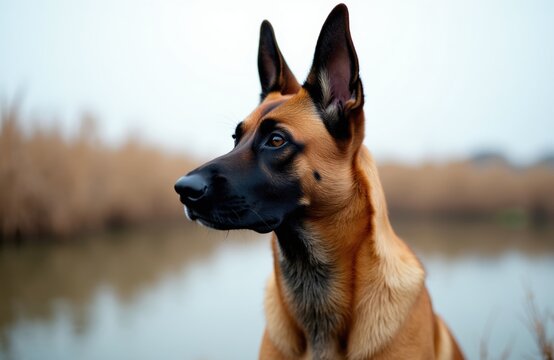 Belgian Malinois dog sits near water. Closeup animal portrait shows alert brown dog with black mask and erect ears looking left. Fur texture is visible.