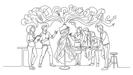 Obraz premium Continuous line drawing of people brainstorming ideas in a creative meeting.