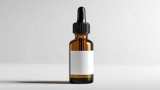 Brown glass dropper bottle mock-up featuring a blank label for cosmetics
