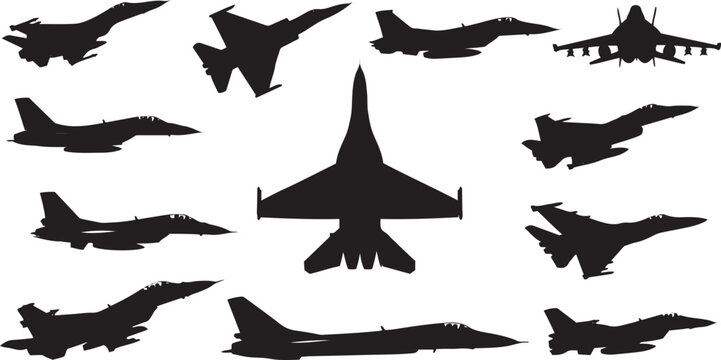 Fighter Jet Silhouette Set Military Aircraft Collection and Air Force Vector Design