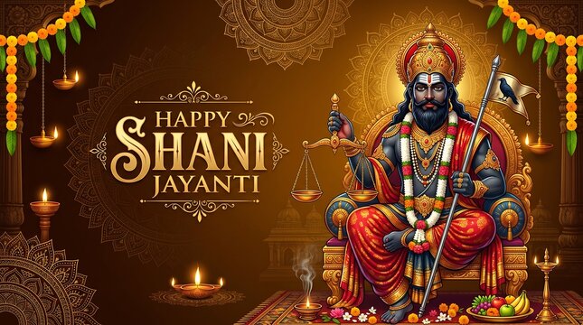 Happy Shani Jayanti Celebration with Lord Shani Holding Scales of Justice