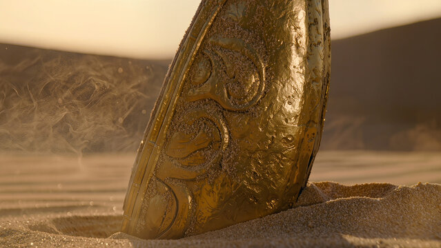 Ancient gold artifact buried in sand, archaeological discovery and mystery concept.