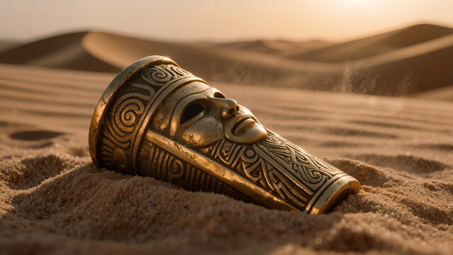 Ancient gold artifact buried in sand, archaeological discovery and mystery concept.