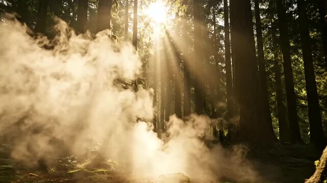 Sunbeams pierce through misty forest canopy illuminating ancient trees.