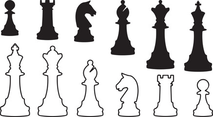 Chess Pieces Silhouette Set King Queen Knight Strategy Board Game Vector Collection © Hayat Khan