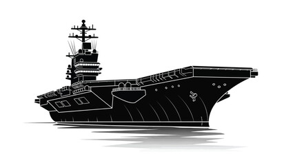 Detailed black silhouette of a modern aircraft carrier ship on water isolated on a white background silhouette high quality professional detailed elegant stylish clean © Thysl2000
