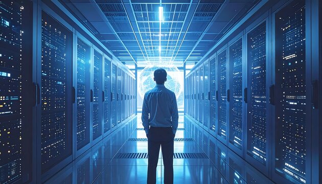 Man standing in futuristic server room