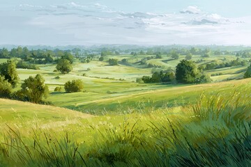 Obraz premium Gentle Grassland on Rolling Slopes â€” pastoral meadow illustration with lush greens