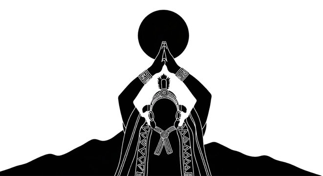 Minimalist Black Silhouette Inti Raymi Sun Festival Figure Raising Hands Inca Tradition Vector Concept