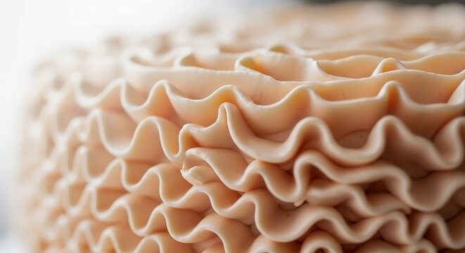 Cake with buttercream ruffles in soft pastel color, showcasing delicate ruffled design and smooth texture. Cake features intricate frosting patterns for elegant dessert presentation.