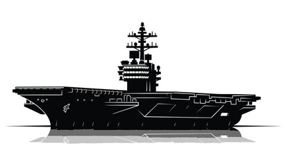 Detailed black silhouette of a modern aircraft carrier ship with a reflection on a white background silhouette high quality professional detailed elegant stylish clean © Thysl2000