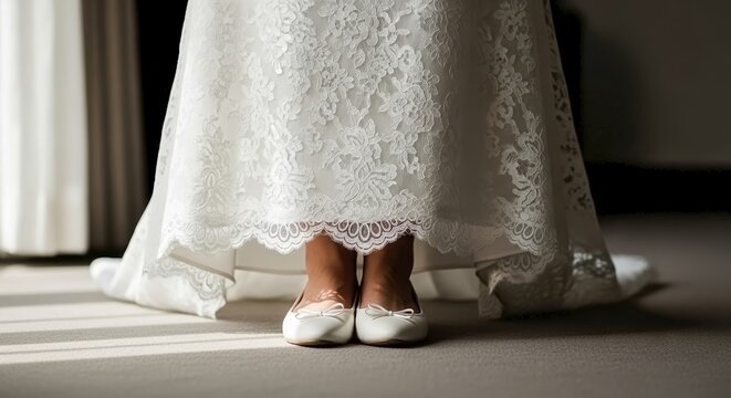 Elegant bride wearing flat shoes under wedding dress with lace hem and soft lighting. Bride's footwear choice highlights comfort and style, showcasing flat shoes as a modern bridal trend.