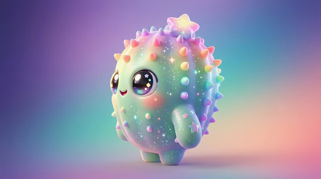 Cute 3D cartoon hedgehog character with rainbow spikes and star on head standing against soft gradient background