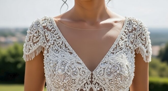 Elegant bride in beaded wedding gown showcasing intricate design details and delicate embellishments. Beaded wedding gown features luxurious textures, stunning patterns, and exquisite craftsmanship.