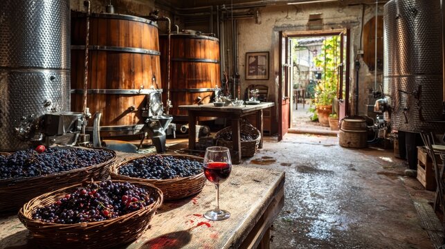 Close-up of grape harvest and fermentation in wooden vats for premium red wine