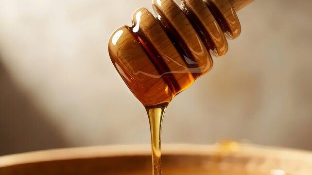 Viscous honey strand from dipper &ndash; Suitable for healthy snack promotions, tea shop menus, or nature-inspired branding.