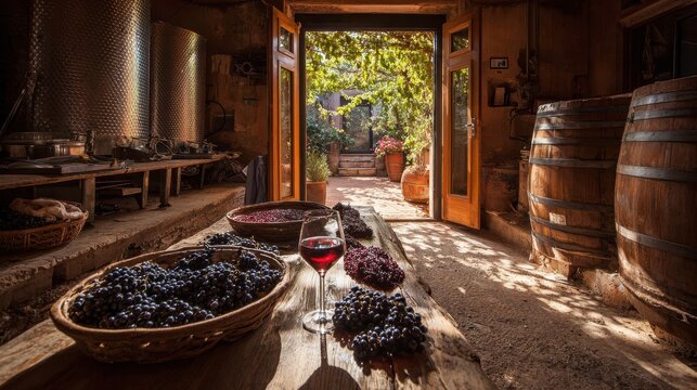 Fermentation of red wine from high quality grapes in a rustic winery cellar