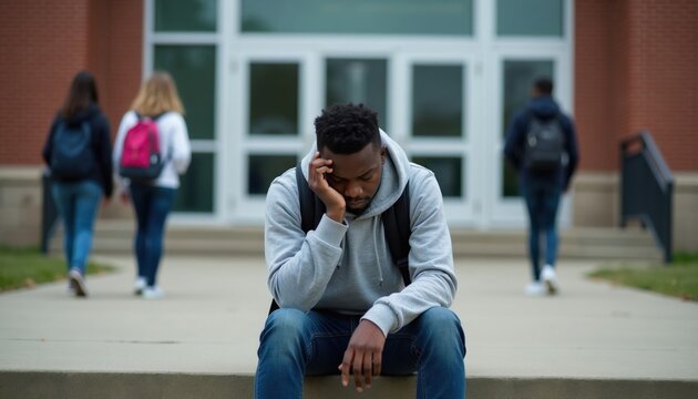Sad African American teen boy sits outside school building. Other students walk past him. He looks down with hand on his face, feeling isolated and lonely.