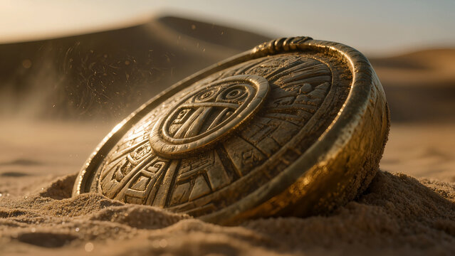Ancient gold artifact buried in sand, archaeological discovery and mystery concept.