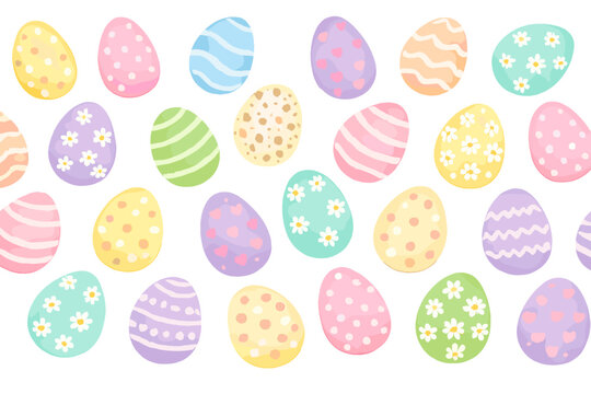 Watercolor Easter eggs seamless pattern with pastel hand-painted decorated eggs featuring floral, polka dots, stripes, and heart patterns on a transparent background for spring holiday celebration.
