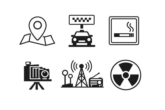 Set of Minimalist Vector Icons Featuring Map Pin Location, Taxi Service Sign, Smoking Area Symbol, Vintage Camera on Tripod, Radio Transmission Tower with Receiver, and Radioactive Hazard Warning