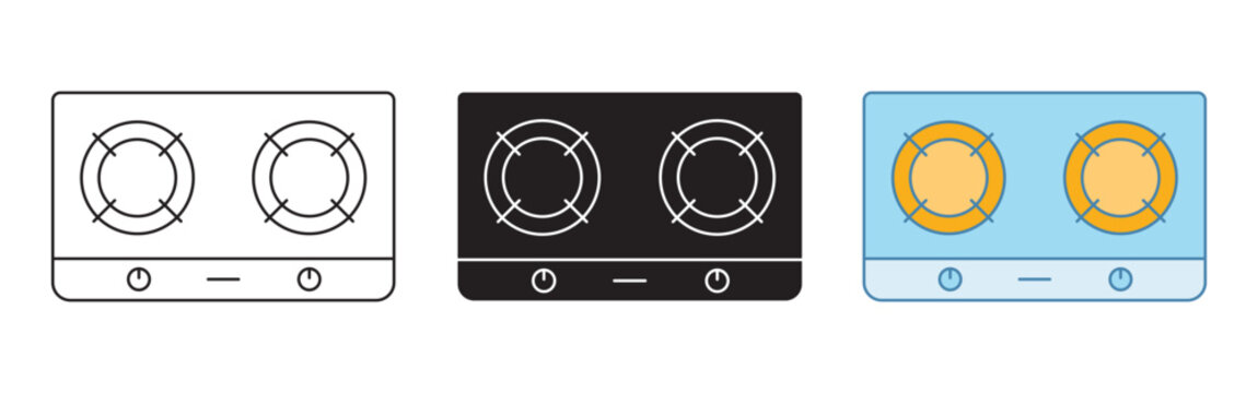 Minimal gas stove icon set in outline, solid, and flat color styles for kitchen and cooking design