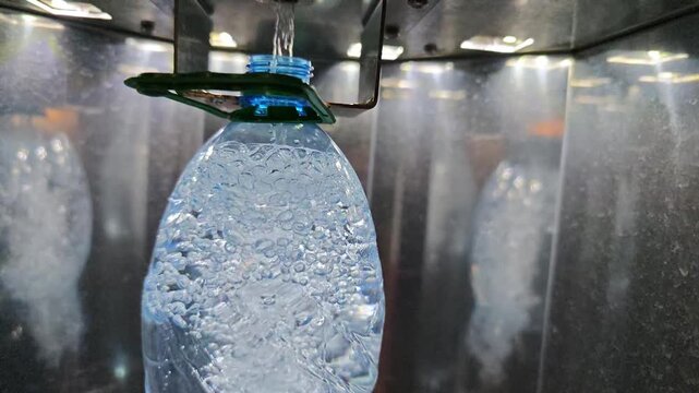 Clean, fresh drinking water vigorously fills a reusable plastic bottle from a modern self-service vending machine, showcasing the bubbling process of purification and convenient access to healthy,