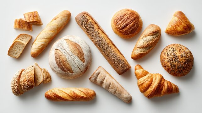 Flat lay of bakery breads including baguette, croissant, ciabatta and dinner rolls